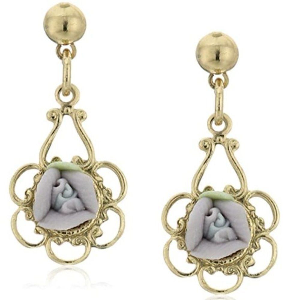 1928 Yellow Gold and Porcelain Lavender Rose Dangling Post Back Earrings